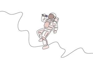 One continuous line drawing of astronaut singer with spacesuit singing a song in galaxy universe. Outer space music concert and orchestra concept. Dynamic single line draw design vector illustration