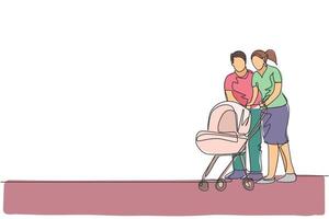 One single line drawing of young happy mother and father pushing baby trolley together ah outdoor park graphic vector illustration. Parenting education concept. Modern continuous line draw design