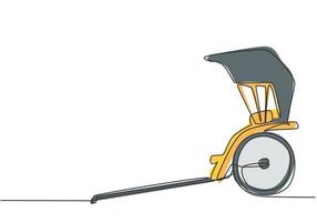 Single continuous line drawing pulled rickshaw from the side, an ancient vehicle in China and Japan with two wheels and pulled by humans. Dynamic one line draw graphic design vector illustration.