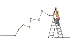 Continuous one line drawing young female Arabic worker climb ladder up to draw sales line graph growth report. Success manager minimalist concept. Single line draw design vector graphic illustration