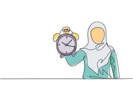 dibujo de una sola línea de mujer de negocios árabe joven sosteniendo un reloj despertador analógico con su mano. concepto minimalista del negocio de la gestión del tiempo. Ilustración de vector gráfico de diseño de dibujo de línea continua.