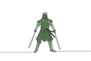 un dibujo de una sola línea de un joven guerrero samurái japonés sosteniendo una espada katana practicando en la ilustración gráfica vectorial del centro del dojo. concepto de arte marcial combativo. diseño moderno de dibujo de línea continua vector