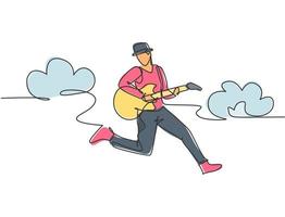 Single line drawing of young energetic guitarist jumping at stage and playing his electric guitar. Energetic musician artist performance concept. Continuous line draw design vector illustration