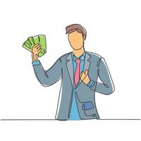 One line drawing of young happy successful businessman show money paper stack and gives thumbs up gesture. Business success concept. Continuous line draw design vector graphic illustration