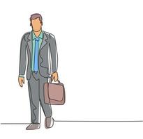 One single line drawing of young male manager walking on town street to go to the office while holding suitcase. Urban commuter worker concept continuous line draw design vector illustration