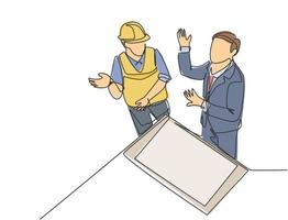 Single continuous line drawing of young architect and foreman discussing about blueprint building design. Construction planning talk concept. Modern one line draw design graphic vector illustration