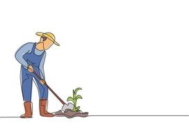 Continuous one line drawing young male farmer shoveled the soil with the plants using a shovel. Successful farming challenge minimalist concept. Single line draw design vector graphic illustration.