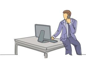 Single continuous line drawing of young business man sitting on desk staring on computer screen and holding a phone calling his staff. Business talk concept one line draw design vector illustration