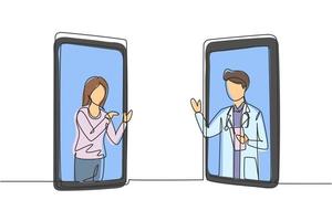 Una doctora hijab de dibujo de una sola línea sale de la pantalla del teléfono inteligente mientras hace un gesto de pulgar hacia arriba. consulta médica online. Ilustración de vector gráfico de diseño de dibujo de línea continua moderna