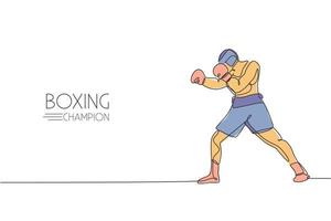 One single line drawing of young energetic man boxer practicing at sport gym vector illustration. Sport combative training concept. Modern continuous line draw design for boxing championship banner