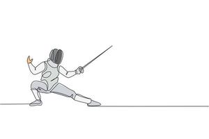 One continuous line drawing of young man fencing athlete practice fighting on professional sport arena. Fencing costume and holding sword concept. Dynamic single line draw design vector illustration