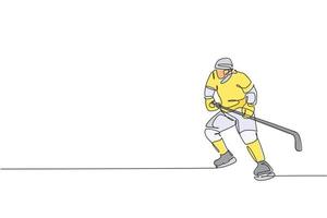 un dibujo de línea continua de un joven jugador profesional de hockey sobre hielo haciendo ejercicio y practicando en un estadio de pista de hielo. concepto de deporte extremo saludable. Ilustración de vector de diseño de dibujo de línea única dinámica