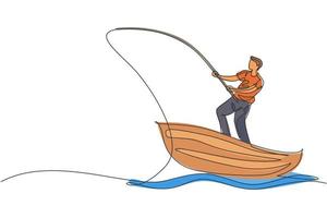 One continuous line drawing of young fisherman happy standing and fishing on the lake from the wooden boat. Fishing leisure hobby vacation concept. Dynamic single line draw design vector illustration