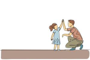 dibujo de línea continua única de un padre joven que choca los cinco con su hija en casa por un logro escolar, tiempo de paternidad. concepto de crianza de los hijos de la familia. Ilustración de vector de diseño de dibujo de una línea de moda