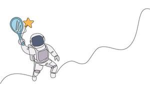 Single continuous line drawing of floating science astronaut in spacewalk hitting star using racket. Fantasy deep space exploration, fiction concept. Trendy one line draw design vector illustration