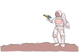 Single continuous line drawing of young astronaut holding space laser gun and pose to shot in moon surface. Cosmonaut outer space concept. Trendy one line draw design graphic vector illustration