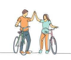 One line drawing of young happy couple male and female take a walk with bicycle at outfield park and giving high five gesture. Relationship concept continuous line draw design vector illustration