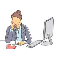 One continuous line drawing of young female employee receiving complain call from furious customer with calm and relax. Customer service excellent concept single line draw design vector illustration