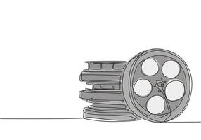 Single continuous line drawing stack of retro old classic cinema video film reels. Vintage movie frame filmstrip item concept one line draw design vector illustration graphic