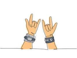 Single continuous line drawing of rocker showing hand gesture of rock music. Modern musician artist performance concept one line draw graphic design vector illustration