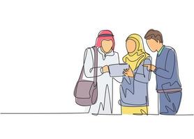 Single continuous line drawing of young male and female muslim worker discussing marketing strategy together. Arab middle east cloth shmagh, thawb, hijab robe. One line draw design vector illustration