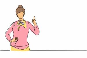 Single continuous line drawing flight attendant with a thumbs-up gesture is ready to serve airplane passengers in a friendly and warm manner. Dynamic one line draw graphic design vector illustration