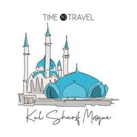 Single continuous line drawing Kul Sharif Mosque landmark. Beautiful famous place in Kazan Russia. World holy place home wall decor poster art concept. Dynamic one line draw design vector illustration