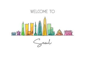 One single line drawing of Seoul city skyline, South Korea. World town landscape postcard print. Best place holiday destination. Editable stroke trendy continuous line draw design vector illustration