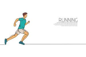 One single line drawing of young energetic man runner running fast graphic vector illustration. Individual sports, training concept. Modern continuous line draw design for running competition banner