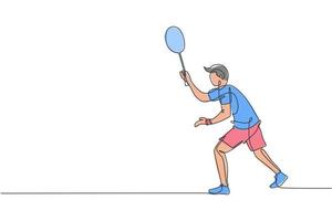 Single continuous line drawing of young agile badminton player wait for opponent serve. Competitive sport concept. Trendy one line draw design vector illustration for badminton tournament publication