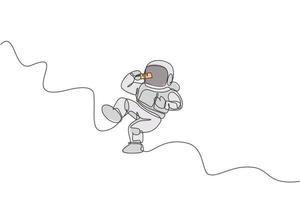 One continuous line drawing of cosmonaut eating sweet milk chocolate bar in galactic universe. Fantasy outer space astronaut life concept. Dynamic single line draw graphic design vector illustration