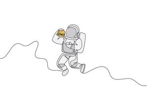 One continuous line drawing of cosmonaut eating fresh delicious burger in galactic universe. Fantasy outer space astronaut life concept. Dynamic single line draw design vector illustration graphic