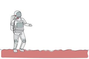 un dibujo de una sola línea del cosmonauta en la superficie de la luna hace una llamada de emergencia a la ilustración de vector de colega. Oficina de negocios de astronauta con concepto de espacio exterior. diseño moderno de dibujo de línea continua