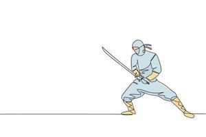 un dibujo de una sola línea de un joven ninja tradicional japonés enérgico sosteniendo una espada samurái en la ilustración vectorial de la pose de ataque. concepto de deporte de artes marciales combativas. diseño moderno de dibujo de línea continua vector