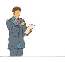Single line drawing of business man standing up while holding a paper and giving thumbs up gesture. Business presentation concept. Continuous line draw design vector illustration
