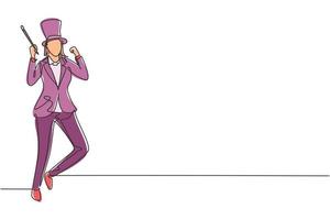 Continuous one line drawing female magician stands with celebrate gesture wearing hat and holding magic wand performing tricks at circus show. Single line draw design vector graphic illustration