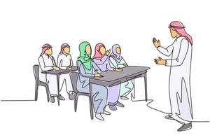 Single continuous line drawing of young muslim business founder do presentation during team meeting. Arab middle east cloth shmagh, kandura, thawb, robe. One line draw design vector illustration