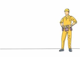 Continuous one line drawing of young handsome handyman pose standing before go to work. Professional job profession minimalist concept. Single line draw design vector graphic illustration