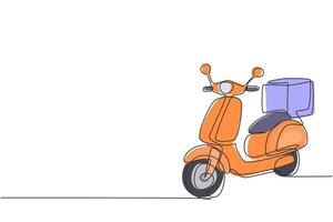 Single continuous line drawing scooter with box package. E-commerce, online shopping. Online delivery service. Fast delivery parcel concept. Dynamic one line draw graphic design vector illustration