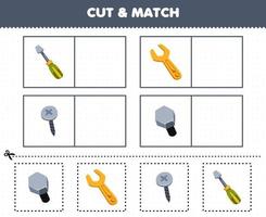 Education game for children cut and match the same picture of cute cartoon bolt wrench screw screwdriver printable tool worksheet vector