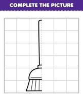 Education game for children complete the picture of cute cartoon broom half outline for drawing printable tool worksheet vector