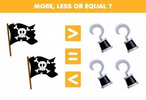 Education game for children more less or equal count the amount of cute cartoon flag and hook picture printable pirate worksheet vector