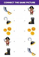 Education game for children connect the same picture of cartoon sword hook coin boot printable pirate worksheet vector