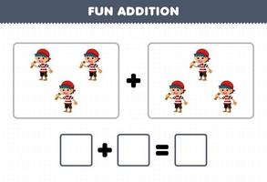 Education game for children fun addition by counting cute cartoon boy pictures printable pirate worksheet vector