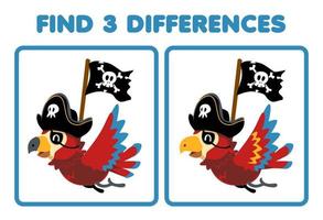 Education game for children find three differences between two cute cartoon parrot carrying flag printable pirate worksheet vector