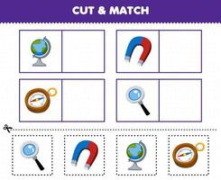 Education game for children cut and match the same picture of cute cartoon magnifier magnet globe compass printable tool worksheet vector