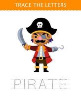 Education game for children trace the letter of cute cartoon pirate captain printable pirate worksheet vector