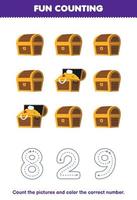 Education game for children count the pictures and color the correct number from cute cartoon treasure chest printable pirate worksheet vector