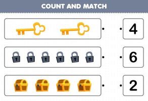 Education game for children count the number of cute cartoon key padlock treasure chest and match with the right numbers printable pirate worksheet vector