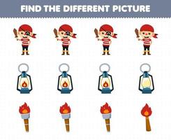 Education game for children find the different picture in each row of cute cartoon boy lantern and torch printable pirate worksheet vector